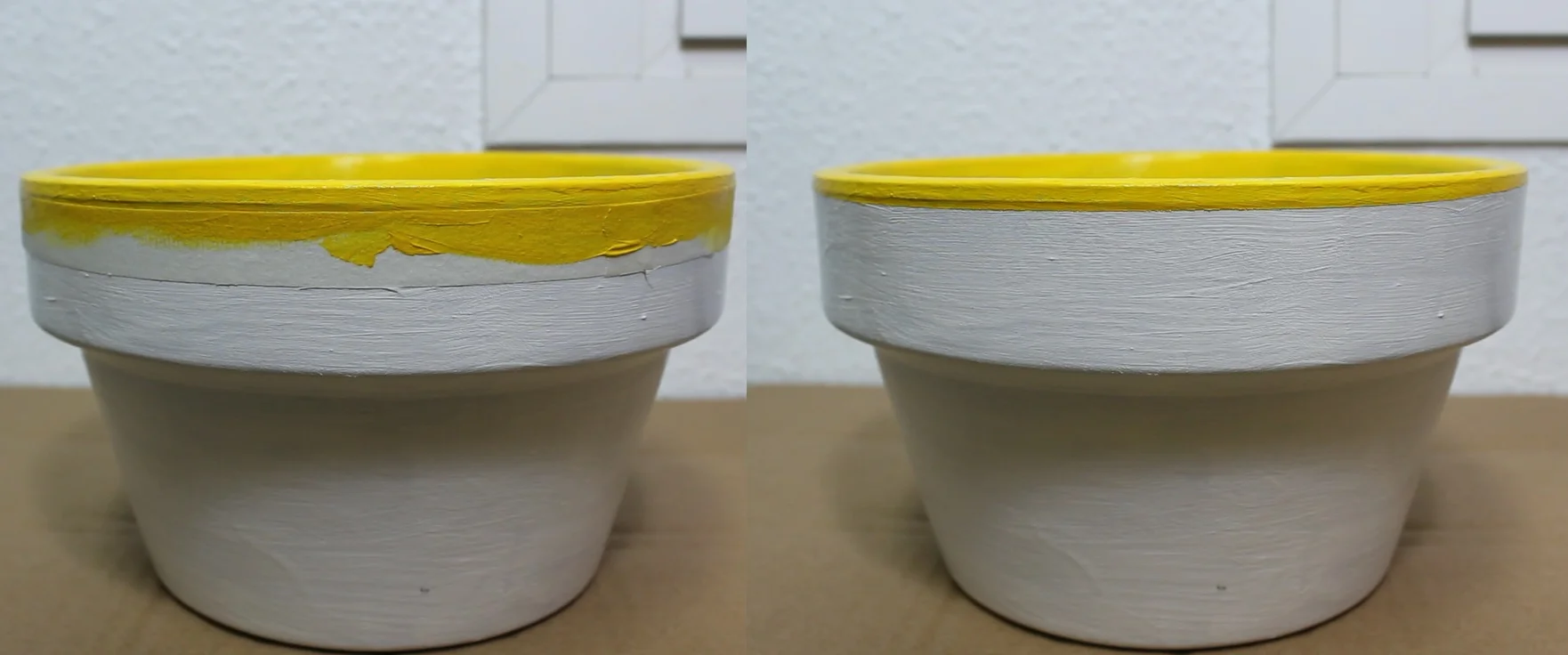 Pintando borde amarillo a maceta usando cinta de pintor para hacer líneas rectas